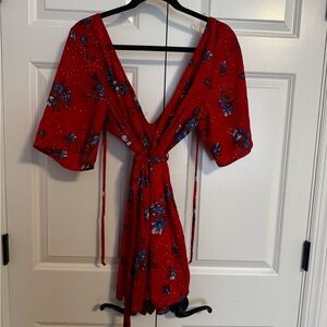 Red Floral Wrap Romper Dress
